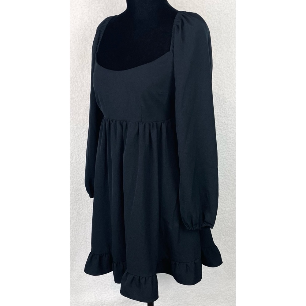 ABERCROMBIE & FITCH • Black Ruffle-Trim Long Sleeve Babydoll Mini Dress, SP - Picture 4 of 16